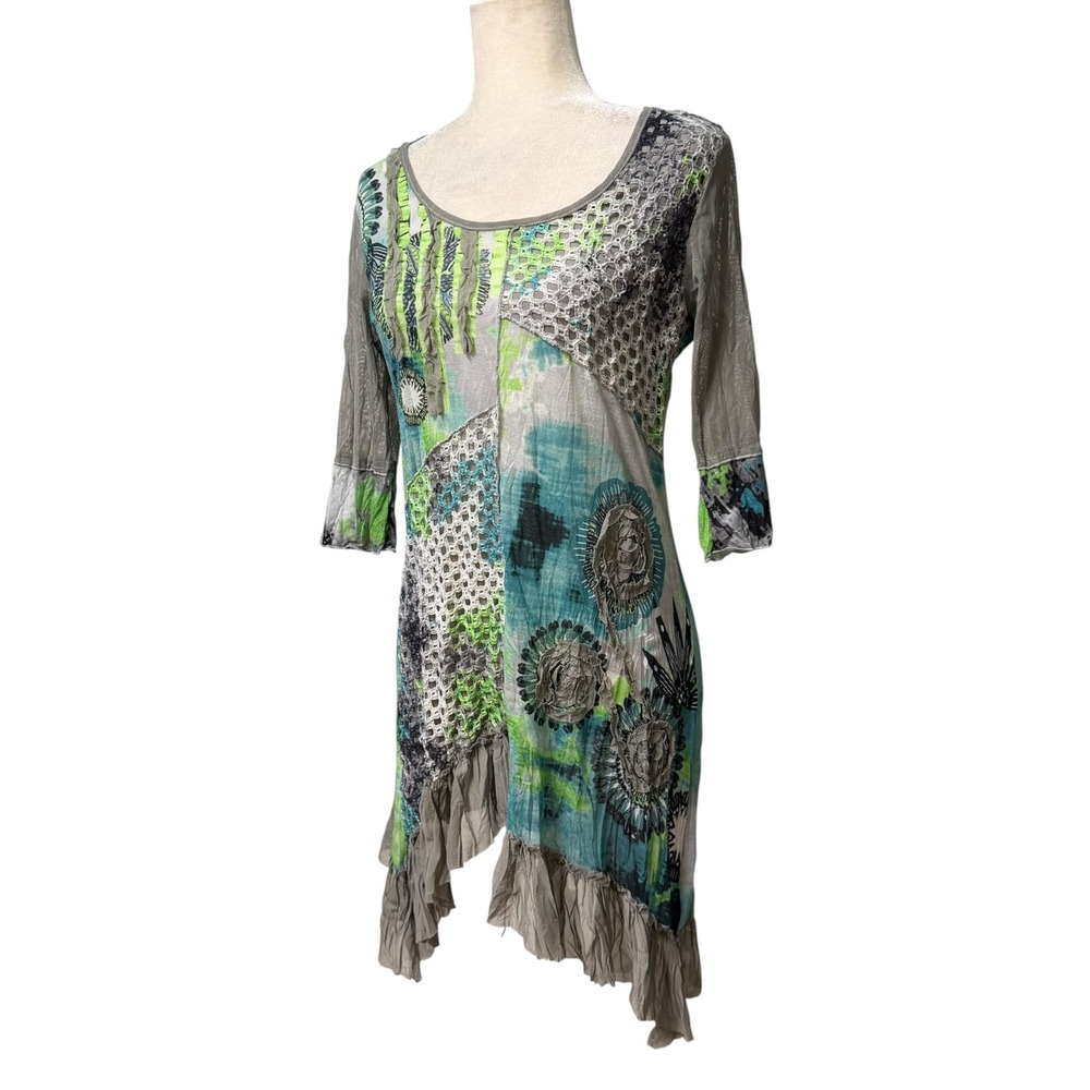 Fleur De Lis Tunic Women M Boho Mixed Media Crochet Ruffle Grey Blue Green Artsy